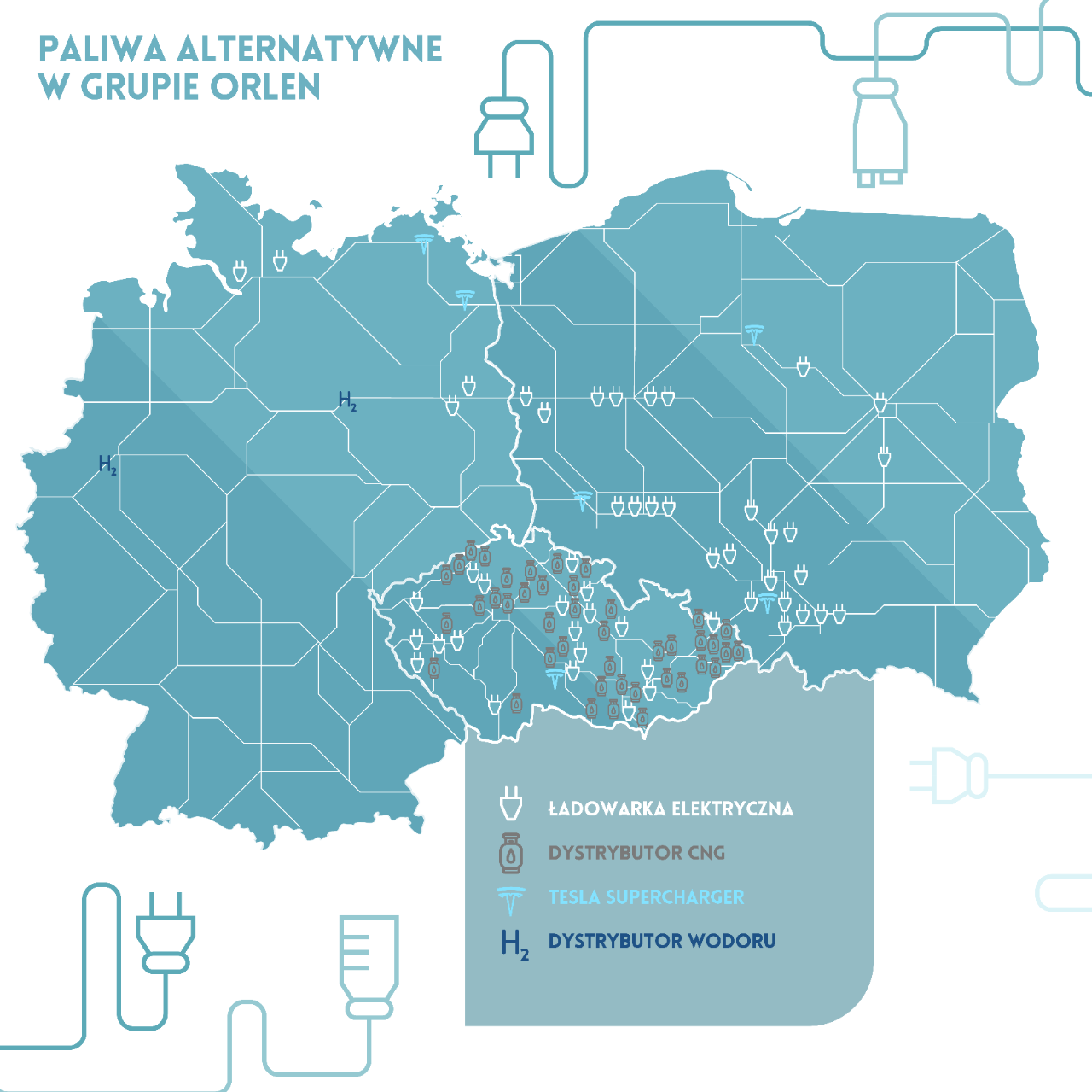 Infografika przedstawiająca rozmieszczenie stacji paliw alternatywnych Grupy ORLEN na terenie Polski, Niemiec i Czech