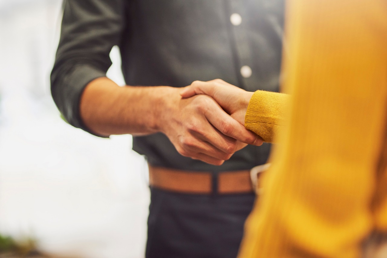 Businessman greeting female colleague with handshake in office
