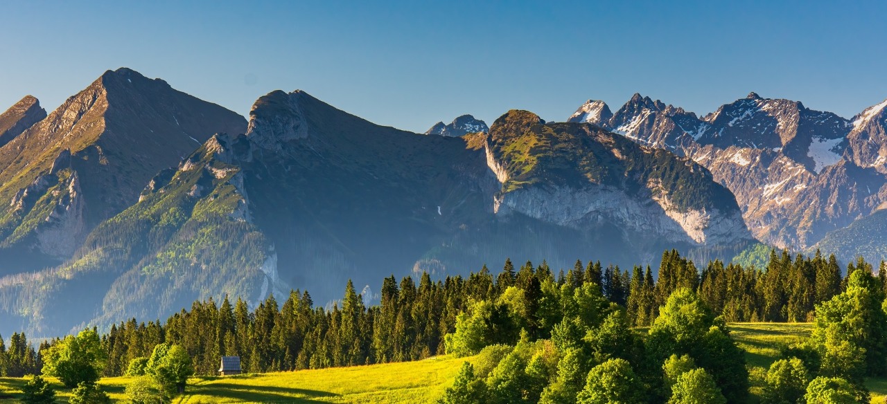 view of the High Tatras from Podhale in summer