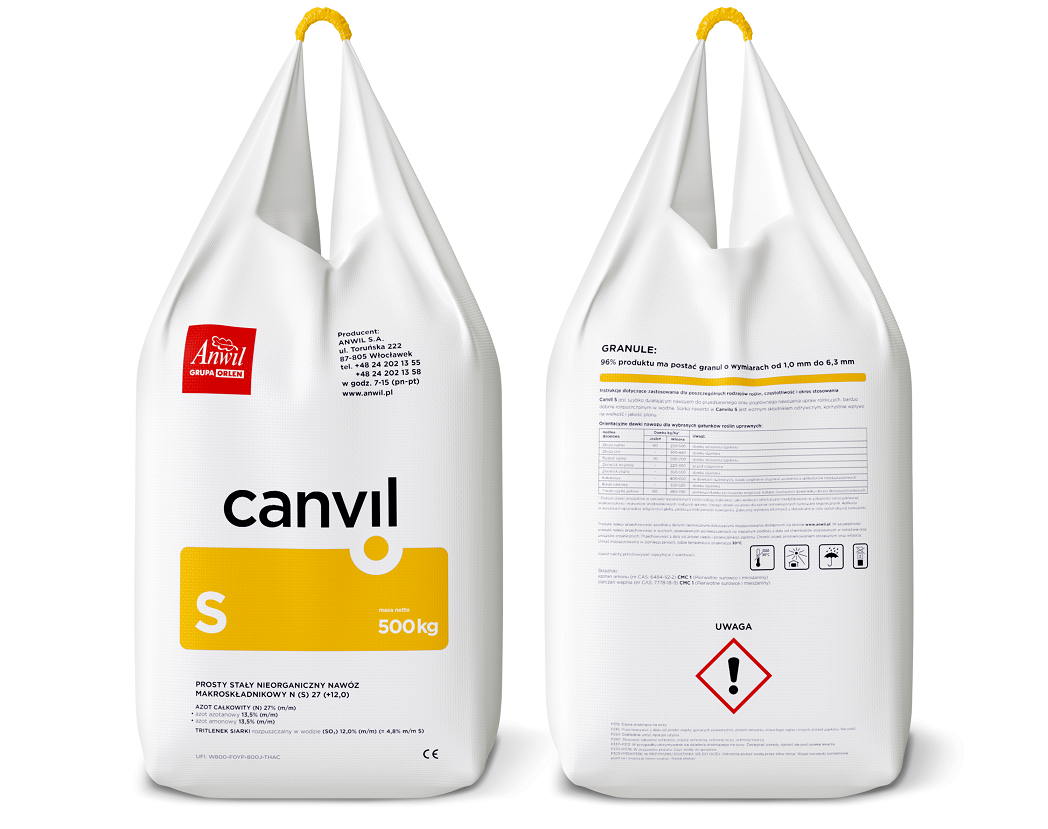 Nawozy ANWIL - Grupa ORLEN. Opakowanie nawozu z siarką Canvil S, producenta ANWIL.