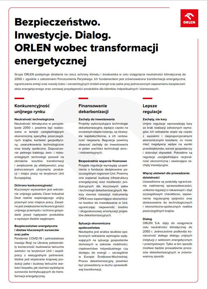 Polska prezydencja w UE szansą na zrównoważoną transformację energetyczną. Postulaty ORLENU na forum UE